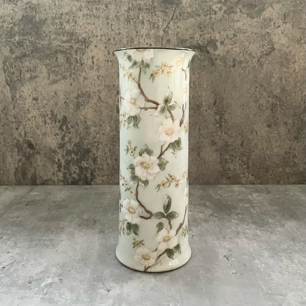 Antique OE&G Royal Austria Hand Painted Cylinder Vase White Floral 7” c1899